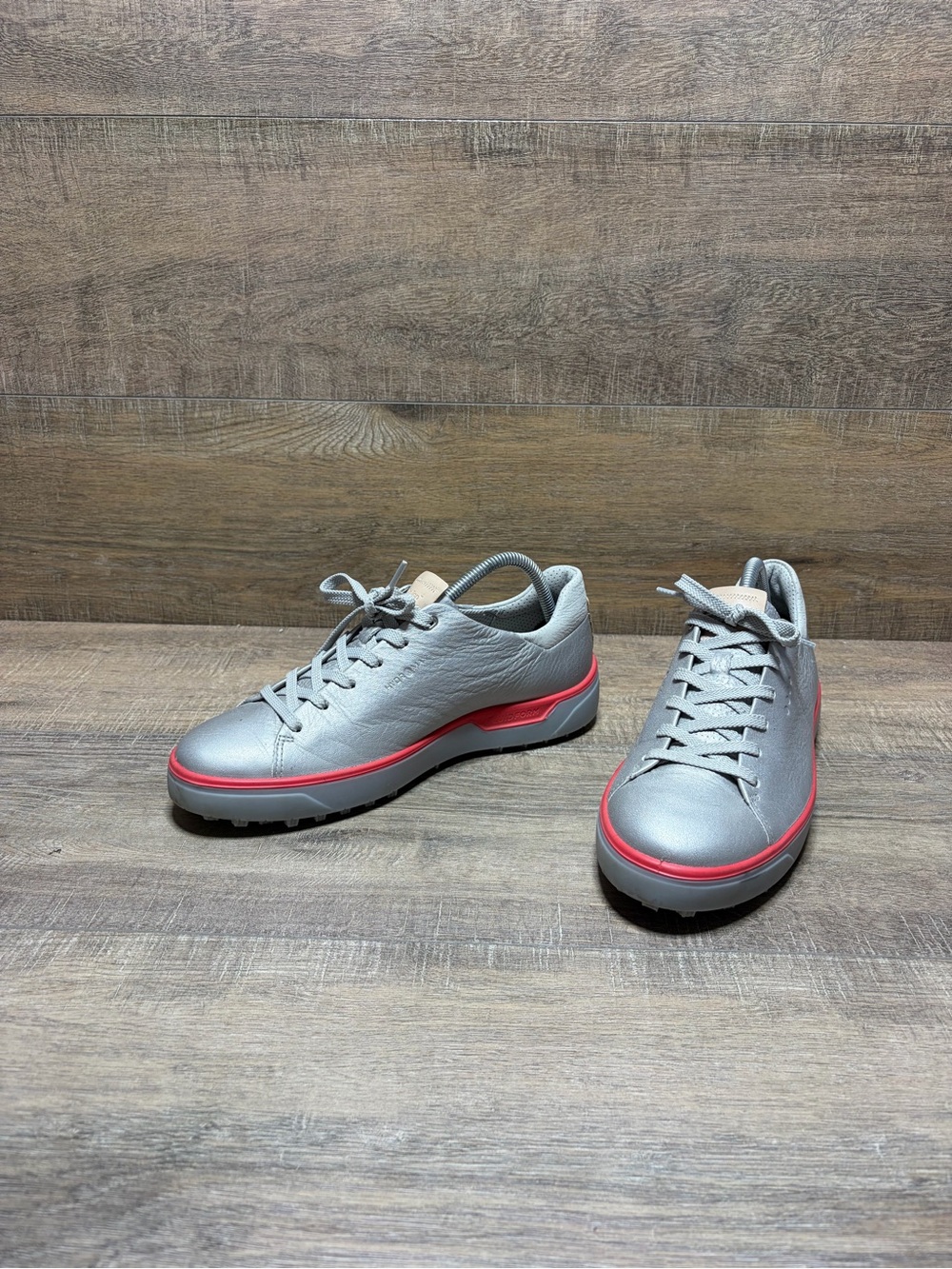 Ecco Women's Athletic Leather Sneakers in Light Gray with Pink Trim